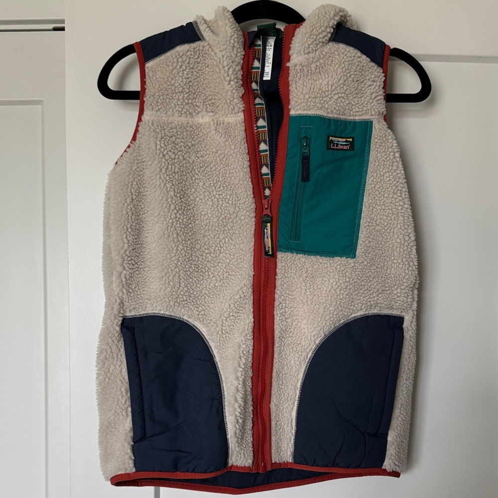 L.L. Bean Cream Fleece Hooded Vest with Red and Navy Accents